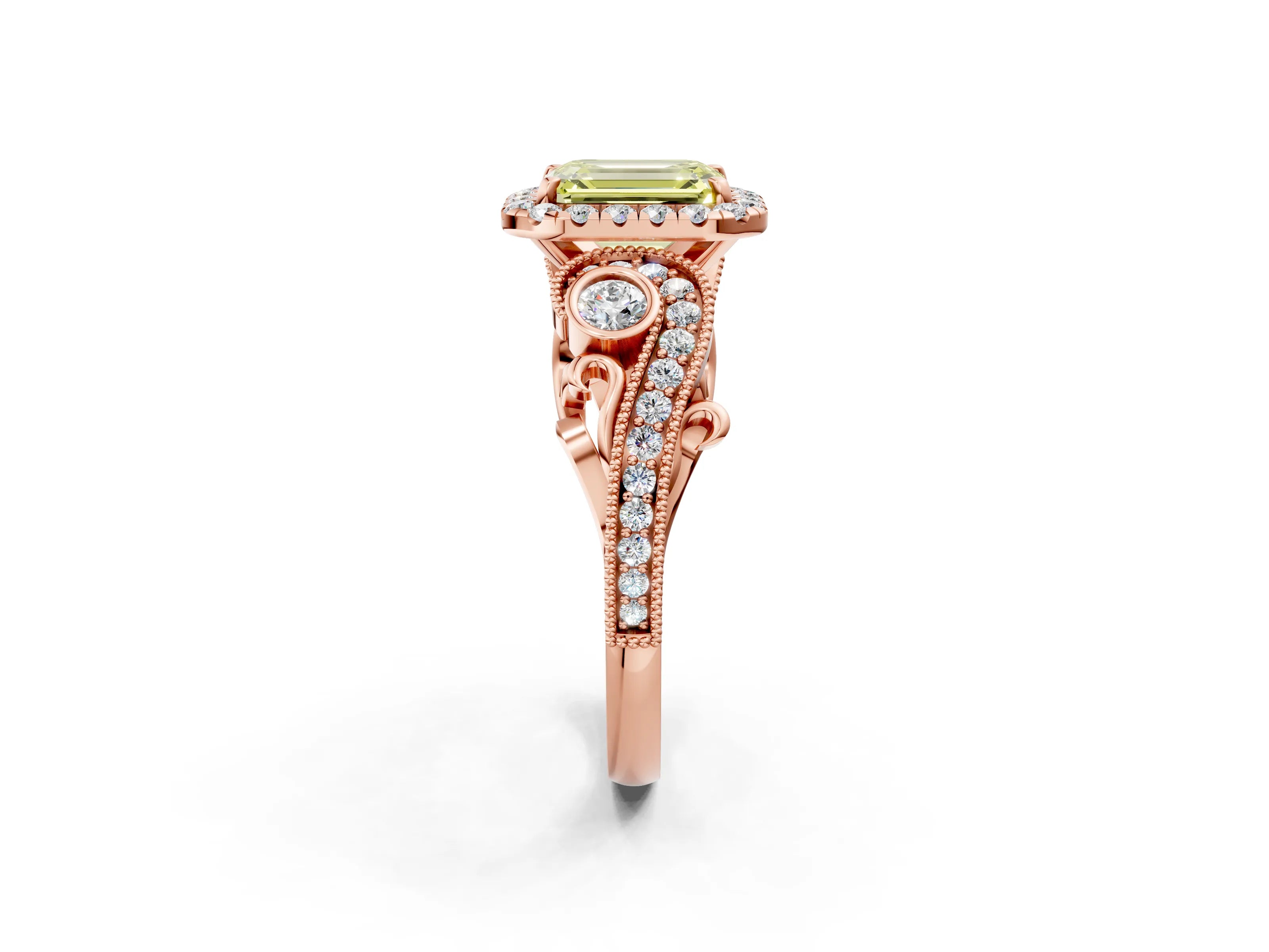 Rose gold Fancy Yellow Emerald Cut Halo Diamond Ring with Milgrain and Bezel Accents on a Split Shank Band_2