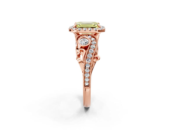 Rose gold Fancy Yellow Emerald Cut Halo Diamond Ring with Milgrain and Bezel Accents on a Split Shank Band