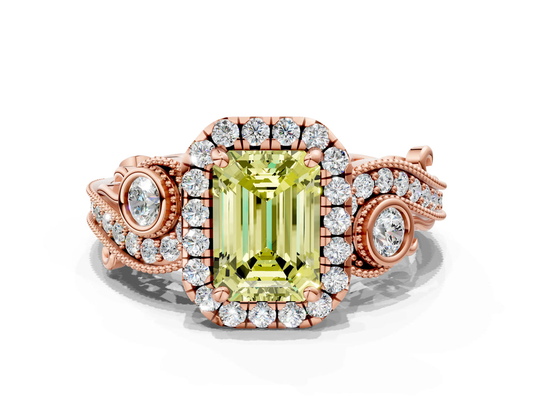 Rose gold Fancy Yellow Emerald Cut Halo Diamond Ring with Milgrain and Bezel Accents on a Split Shank Band_24