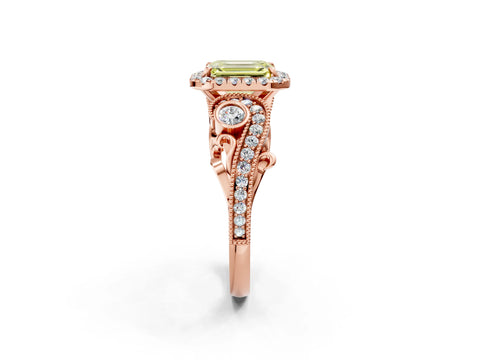 Rose gold Fancy Yellow Emerald Cut Halo Diamond Ring with Milgrain and Bezel Accents on a Split Shank Band_2
