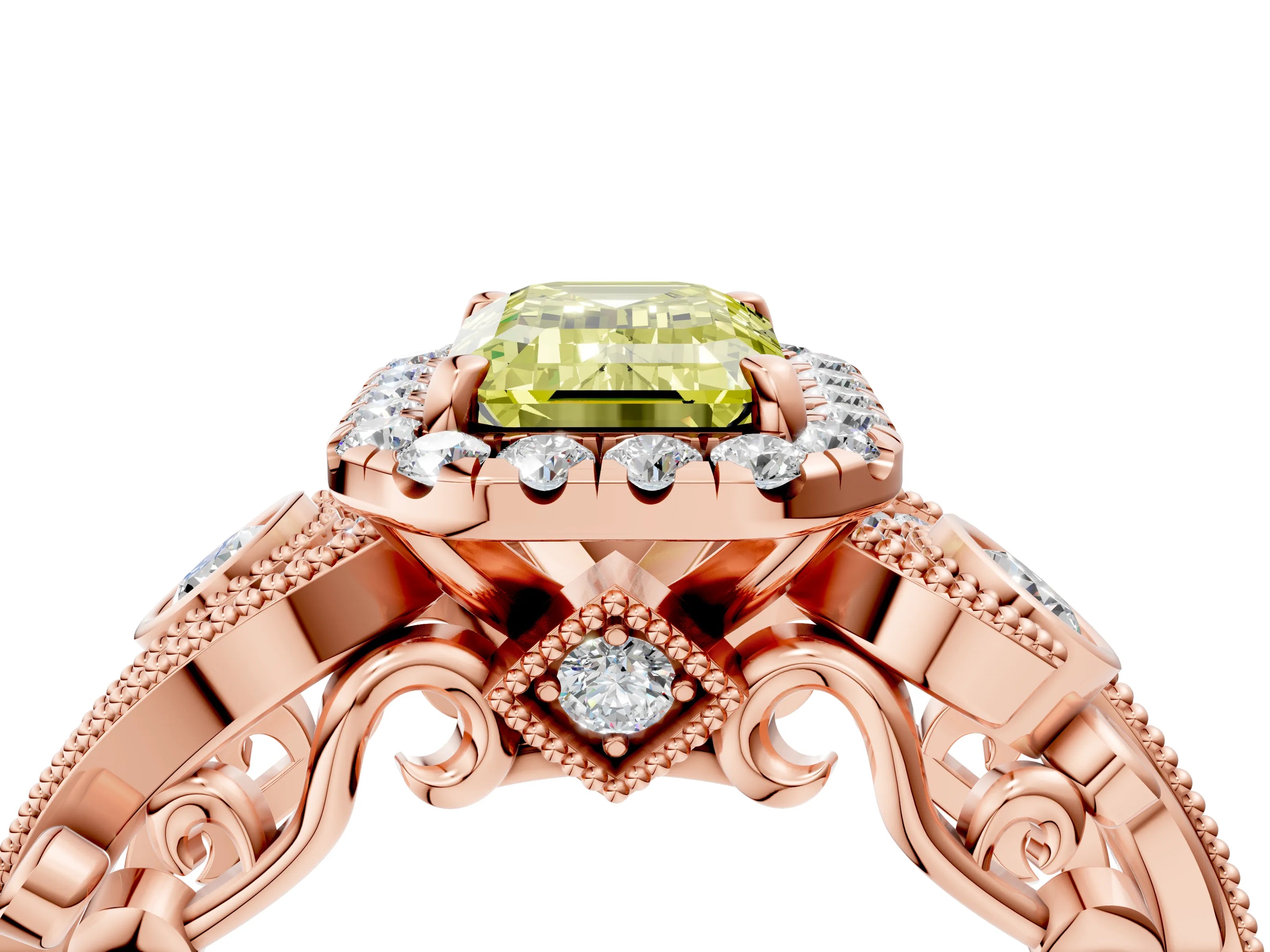 Rose gold Fancy Yellow Emerald Cut Halo Diamond Ring with Milgrain and Bezel Accents on a Split Shank Band_4