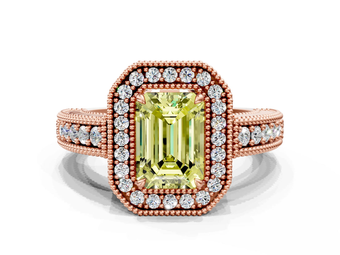 Rose gold Fancy Yellow Emerald  Cut Halo Diamond Ring with Pavé Band and Four-Prong Setting_68