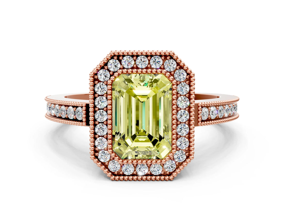 Rose gold Fancy Yellow Emerald  Cut Halo Diamond Ring with Pavé Band and Milgrain Prong Setting_32