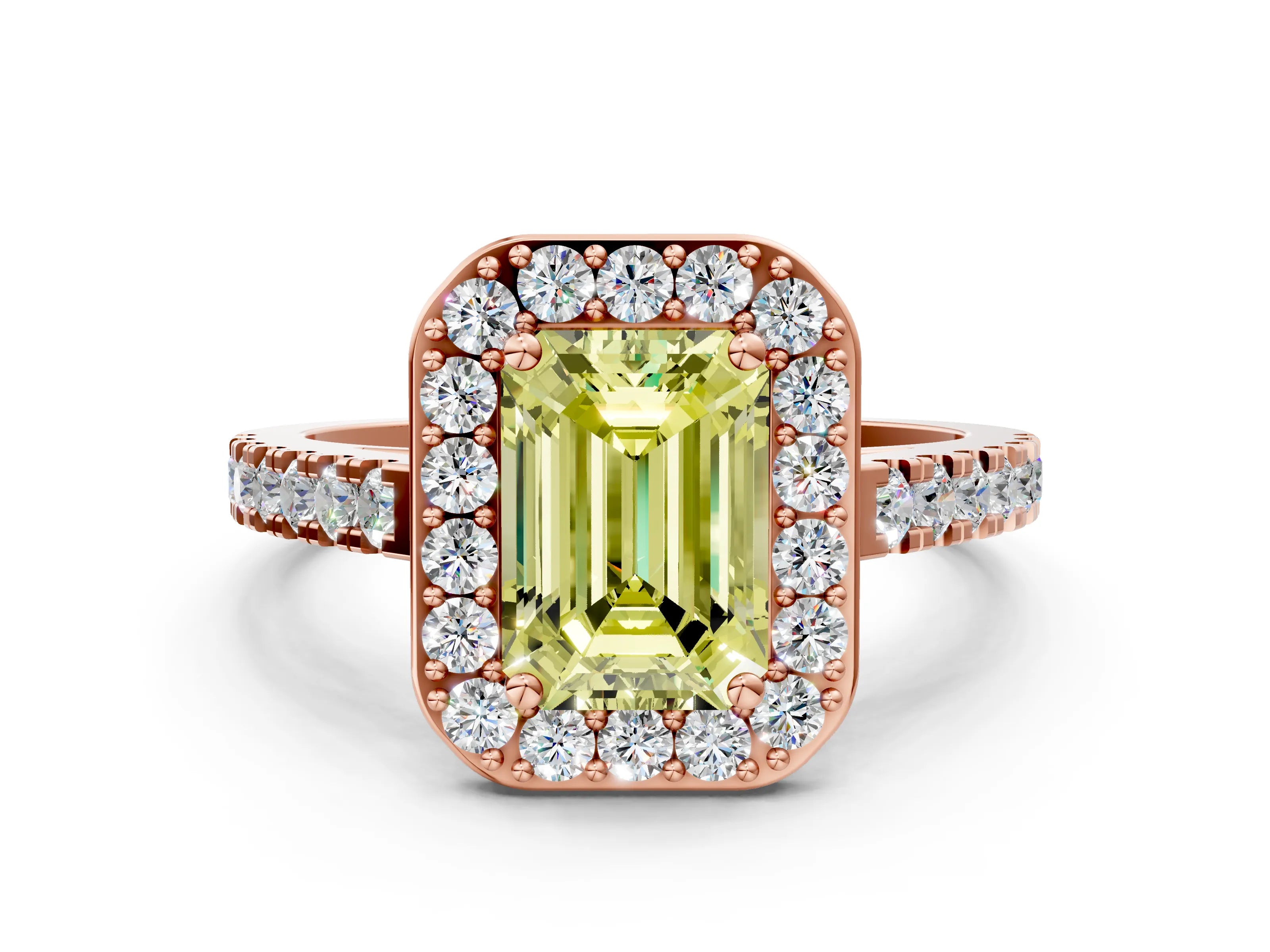 Rose gold Fancy Yellow Emerald Cut Halo Diamond Ring with Pavé Band and Three-Prong Setting
