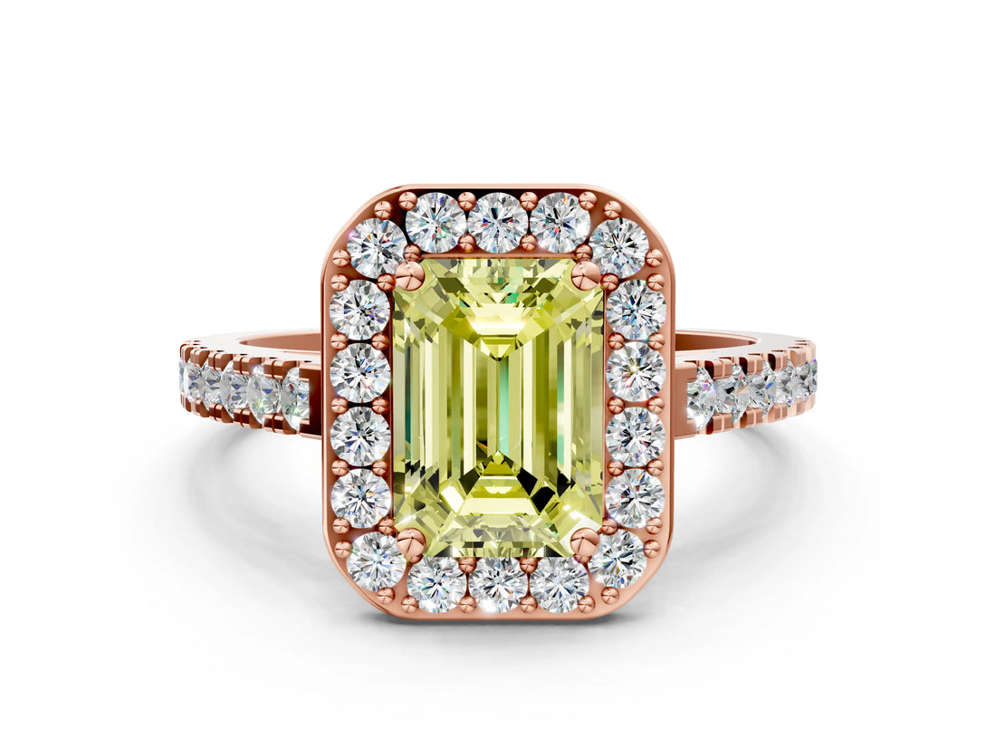 Rose gold Fancy Yellow Emerald Cut Halo Diamond Ring with Pavé Band and Three-Prong Setting