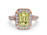 Rose gold Fancy Yellow Emerald Cut Halo Diamond Ring with Pavé Band and Three-Prong Setting