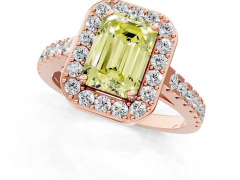 Rose gold Fancy Yellow Emerald Cut Halo Diamond Ring with Pavé Band and Three-Prong Setting_1