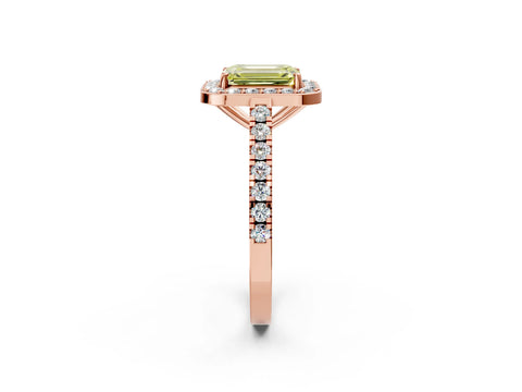 Rose gold Fancy Yellow Emerald Cut Halo Diamond Ring with Pavé Band and Three-Prong Setting_2