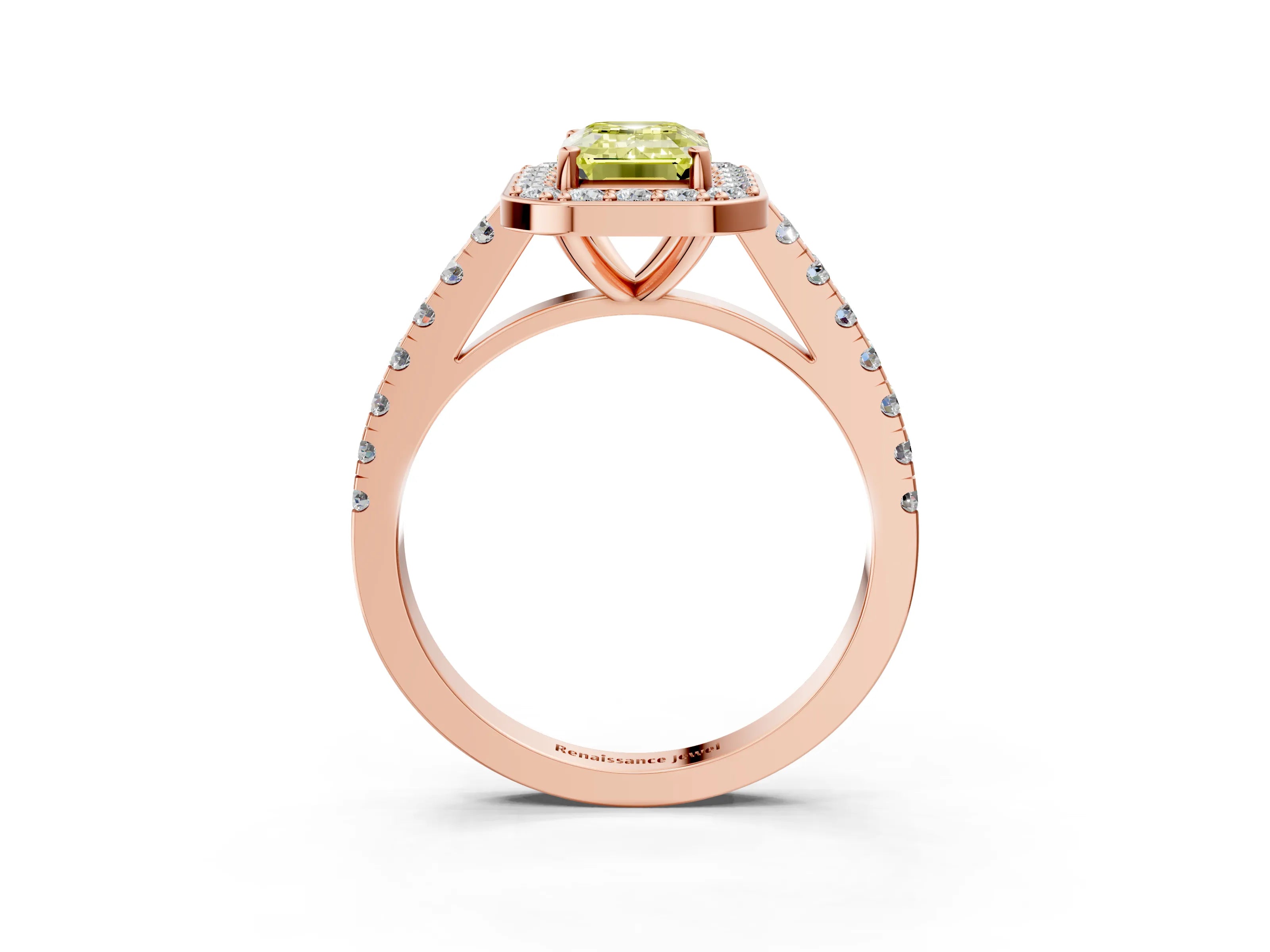 Rose gold Fancy Yellow Emerald Cut Halo Diamond Ring with Pavé Band and Three-Prong Setting_3