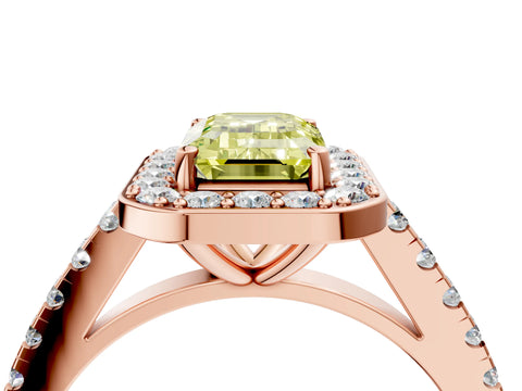 Rose gold Fancy Yellow Emerald Cut Halo Diamond Ring with Pavé Band and Three-Prong Setting_4