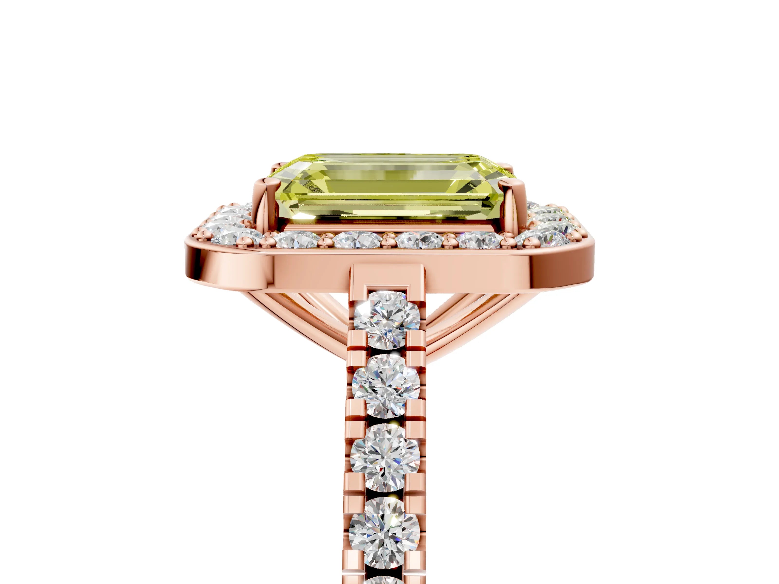 Rose gold Fancy Yellow Emerald Cut Halo Diamond Ring with Pavé Band and Three-Prong Setting_5