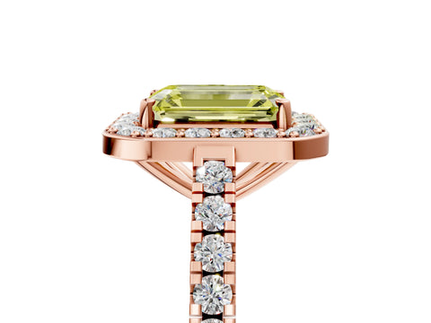 Rose gold Fancy Yellow Emerald Cut Halo Diamond Ring with Pavé Band and Three-Prong Setting_5