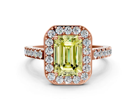 Rose gold Fancy Yellow Emerald Cut Halo Diamond Ring with Pavé Band and Three-Prong Setting
