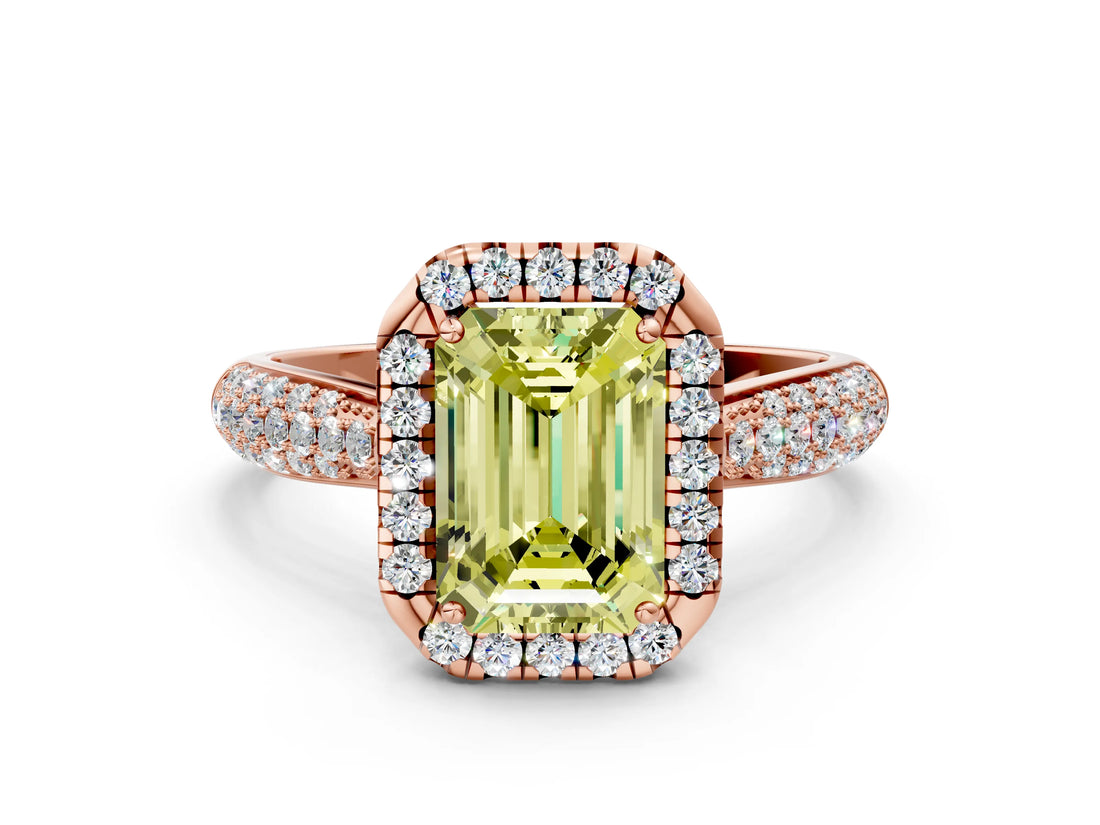 Rose gold Fancy Yellow Emerald Cut Halo Diamond Ring with Pavé Band