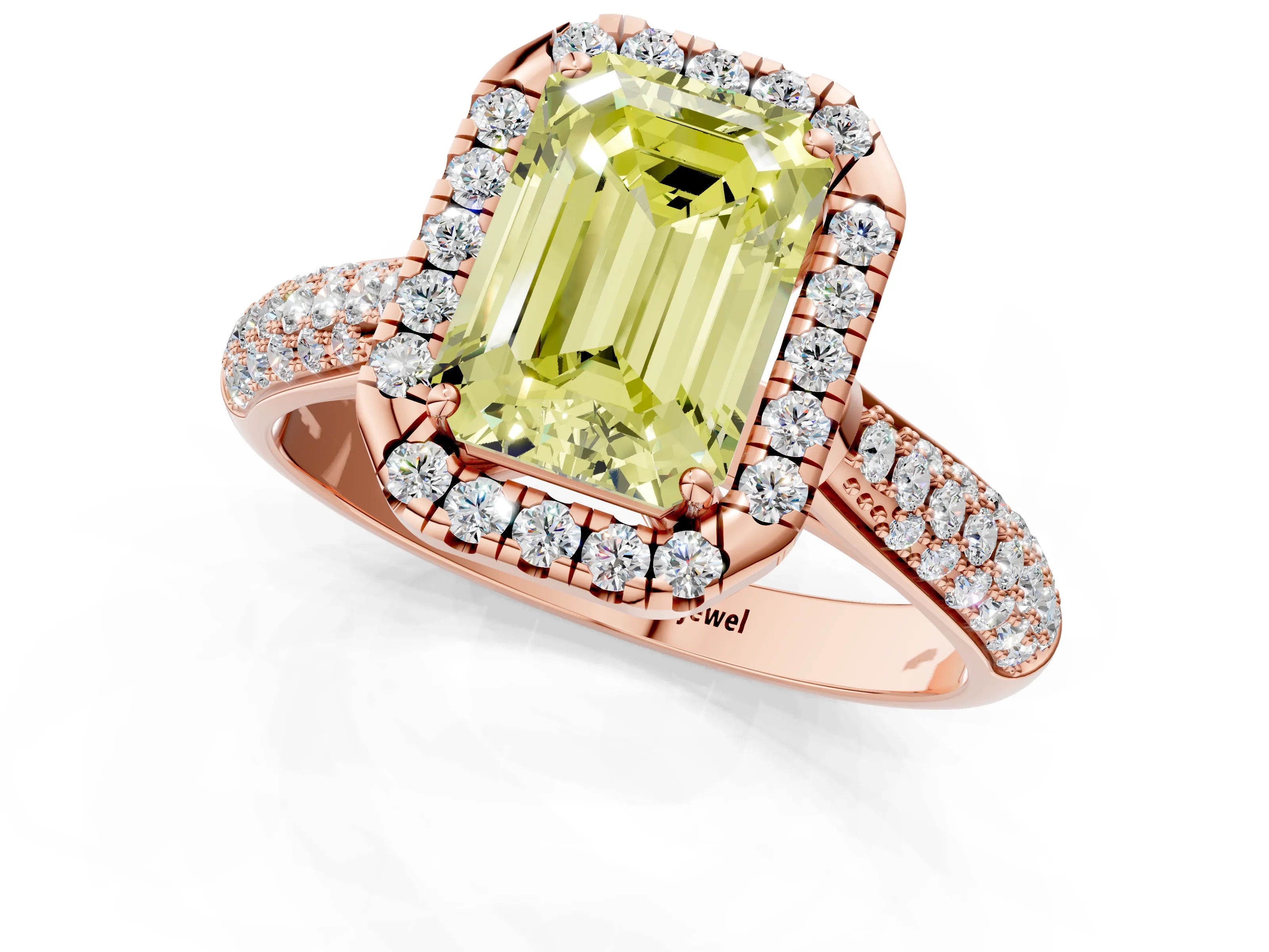 Rose gold Fancy Yellow Emerald Cut Halo Diamond Ring with Pavé Band_1