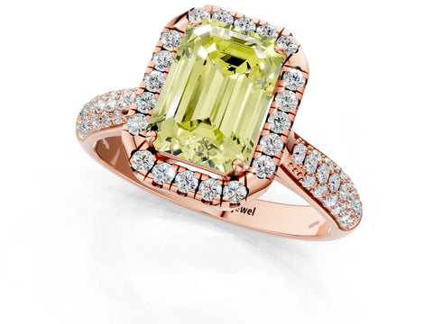 Rose gold Fancy Yellow Emerald Cut Halo Diamond Ring with Pavé Band_1