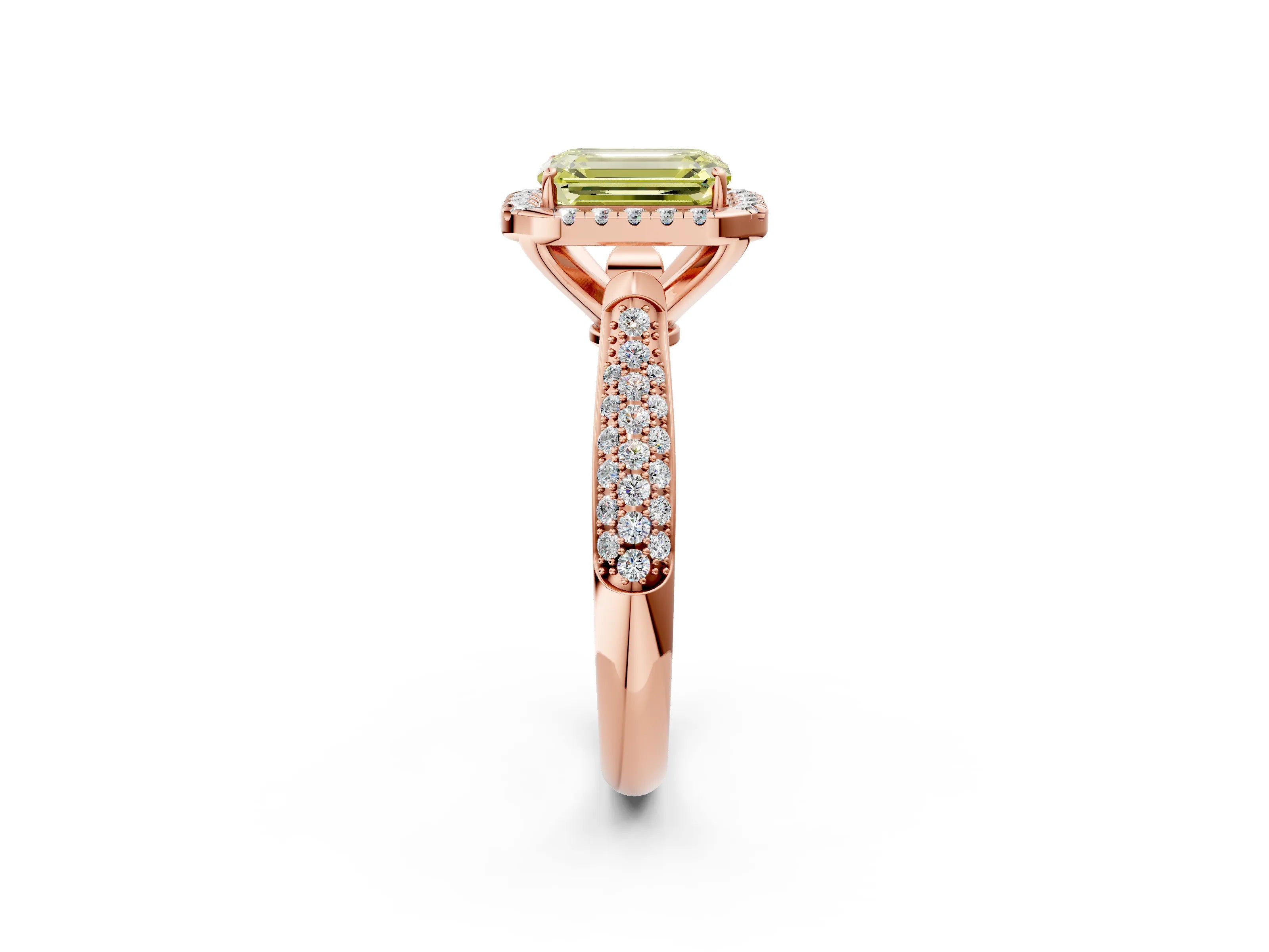 Rose gold Fancy Yellow Emerald Cut Halo Diamond Ring with Pavé Band_2