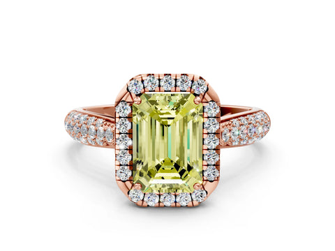 Rose gold Fancy Yellow Emerald Cut Halo Diamond Ring with Pavé Band