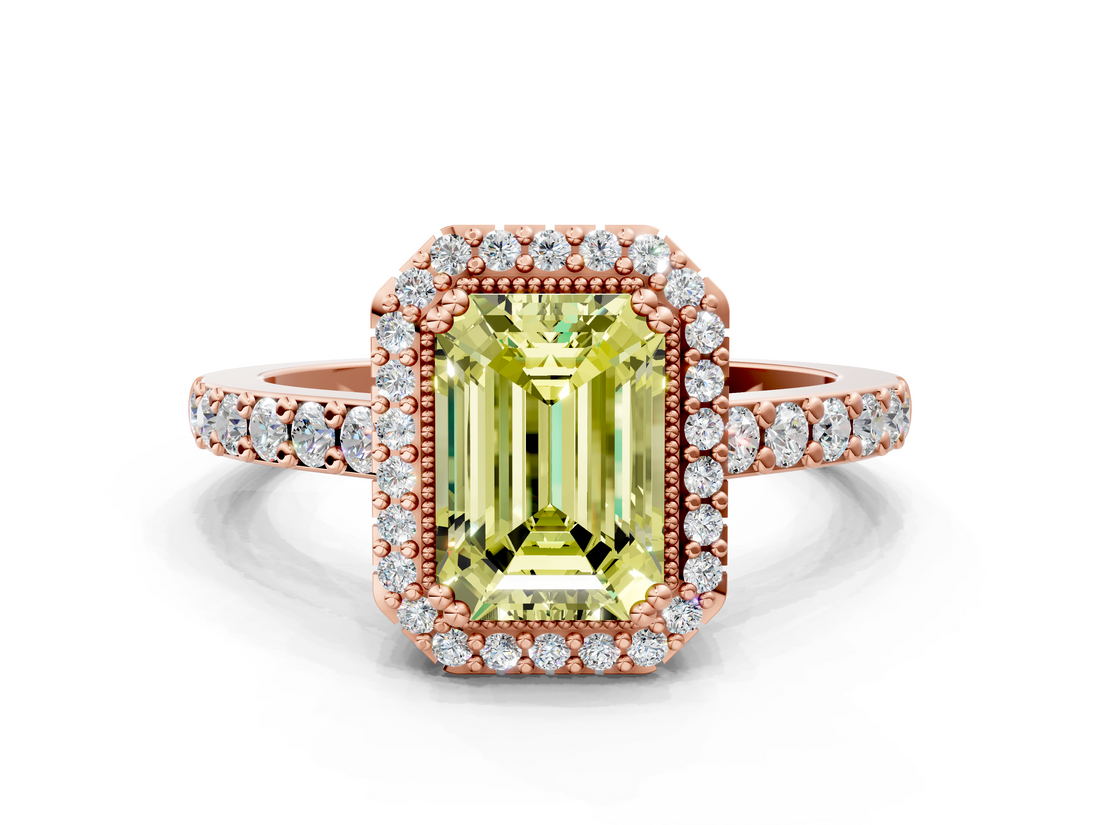 Rose gold Fancy Yellow Emerald  Cut Halo Diamond Ring with Pave Band and Four-Prong Setting_24