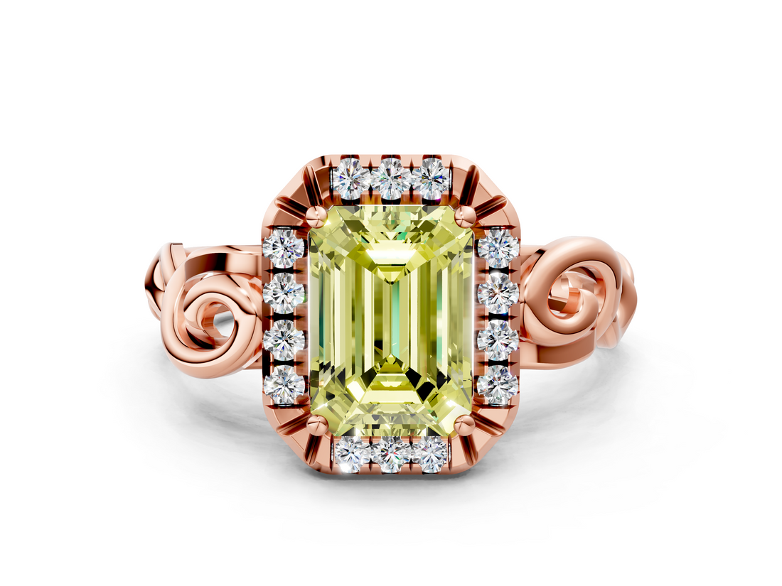 Rose gold Fancy Yellow Emerald  Cut Halo Diamond Ring with Scrollwork Band and Four-Prong Setting_101
