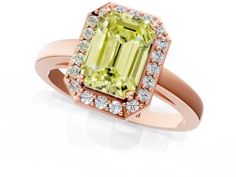 Rose gold Fancy Yellow Emerald Cut Halo Diamond Ring with Solitaire Band and Prong Setting_1