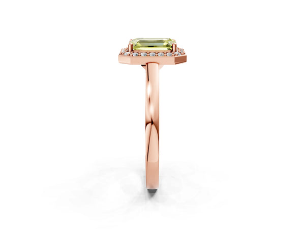 Rose gold Fancy Yellow Emerald Cut Halo Diamond Ring with Solitaire Band and Prong Setting