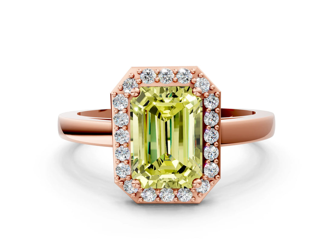 Rose gold Fancy Yellow Emerald Cut Halo Diamond Ring with Solitaire Band and Prong Setting_24