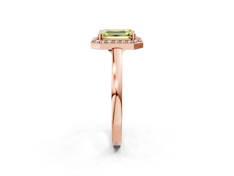 Rose gold Fancy Yellow Emerald Cut Halo Diamond Ring with Solitaire Band and Prong Setting_2