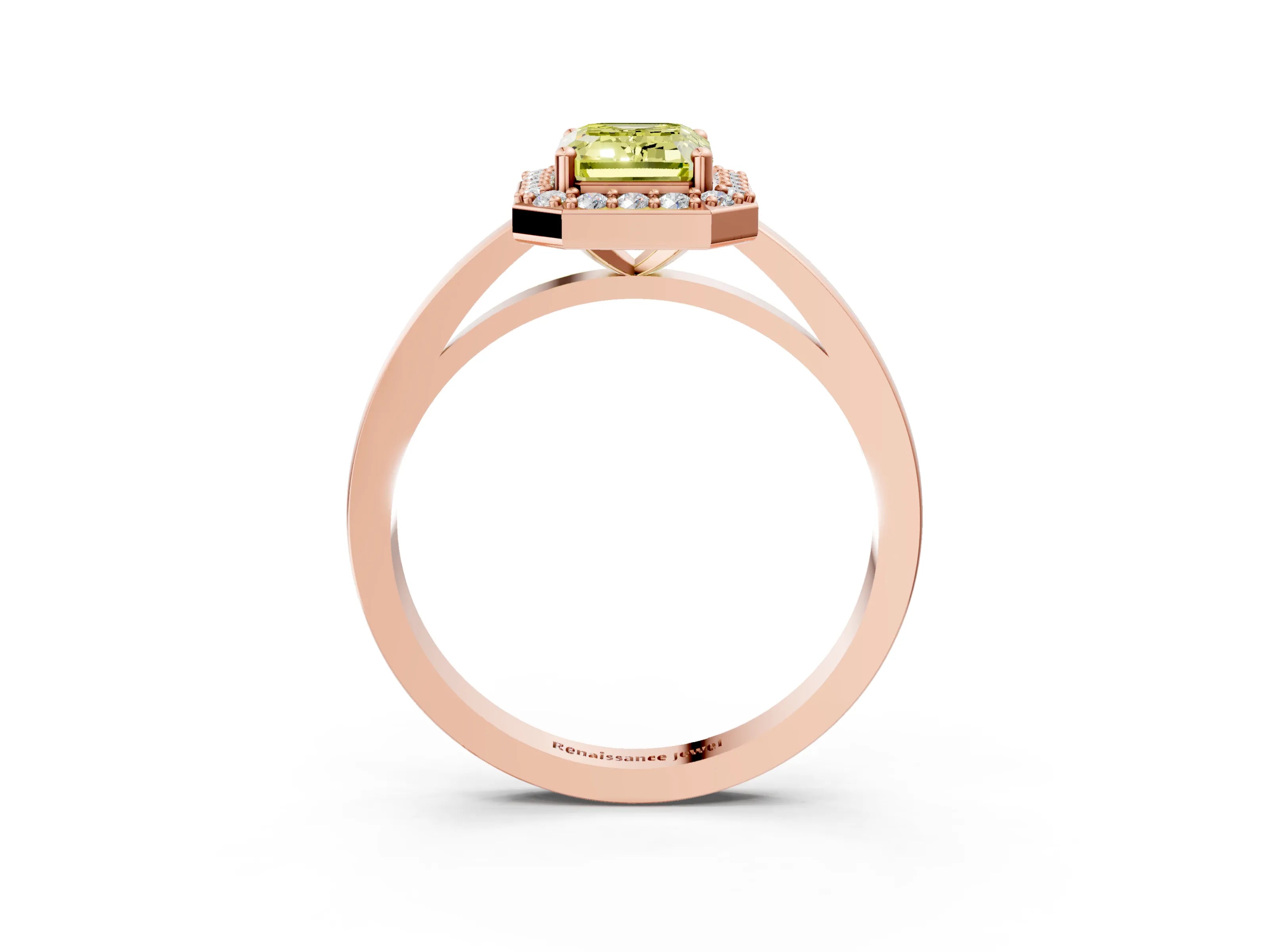 Rose gold Fancy Yellow Emerald Cut Halo Diamond Ring with Solitaire Band and Prong Setting_3