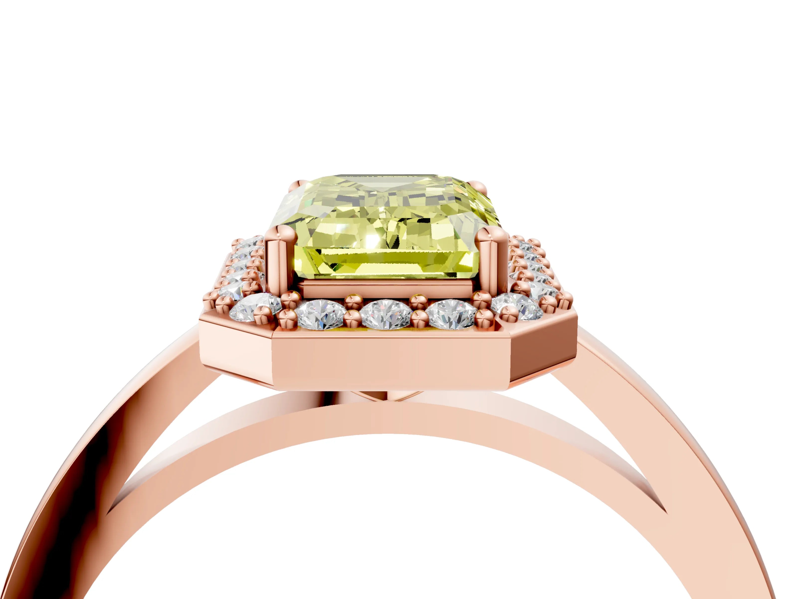 Rose gold Fancy Yellow Emerald Cut Halo Diamond Ring with Solitaire Band and Prong Setting_4
