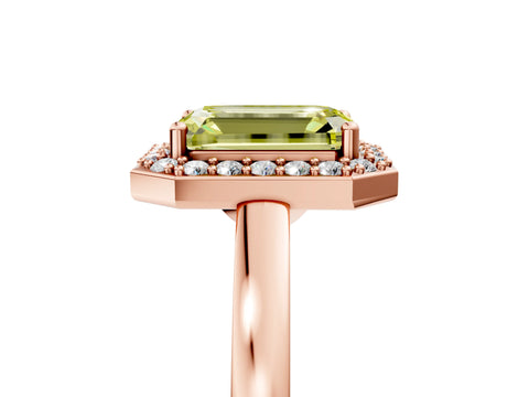 Rose gold Fancy Yellow Emerald Cut Halo Diamond Ring with Solitaire Band and Prong Setting_5