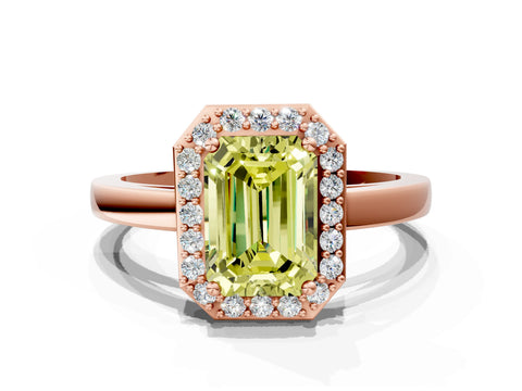 Rose gold Fancy Yellow Emerald Cut Halo Diamond Ring with Solitaire Band and Prong Setting