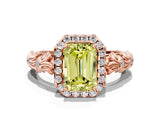 Rose gold Fancy Yellow Emerald Cut Halo Diamond Solitaire with Filigree Band and Four-Prong Setting