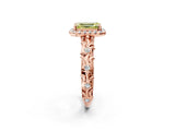 Rose gold Fancy Yellow Emerald Cut Halo Diamond Solitaire with Filigree Band and Four-Prong Setting_2