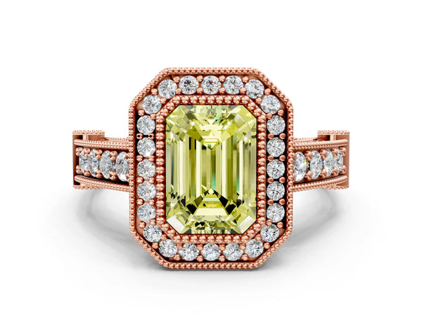 Rose Gold Emerald Cut Vintage Bezel Halo Engagement Ring Setting for Fancy Yellow Center