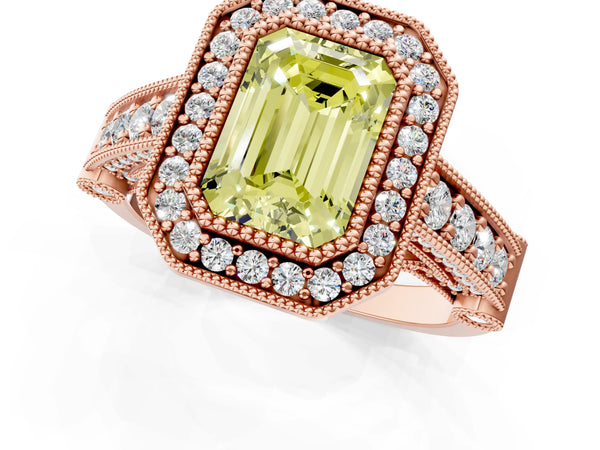Rose Gold Emerald Cut Vintage Bezel Halo Engagement Ring Setting for Fancy Yellow Center