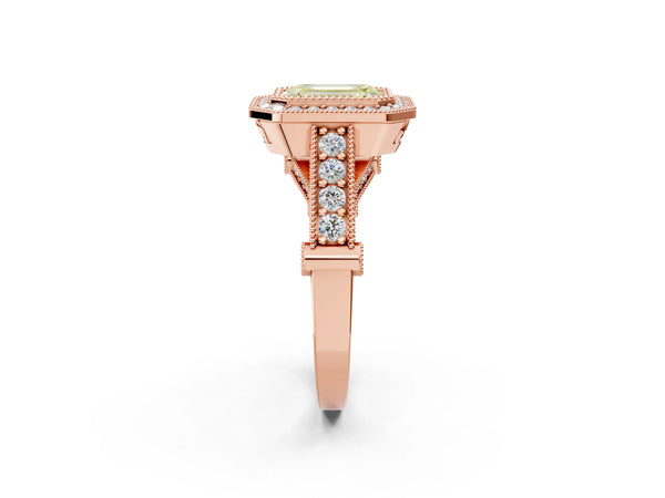 Rose Gold Emerald Cut Vintage Bezel Halo Engagement Ring Setting for Fancy Yellow Center