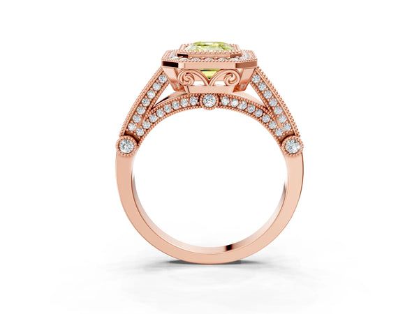 Rose Gold Emerald Cut Vintage Bezel Halo Engagement Ring Setting for Fancy Yellow Center