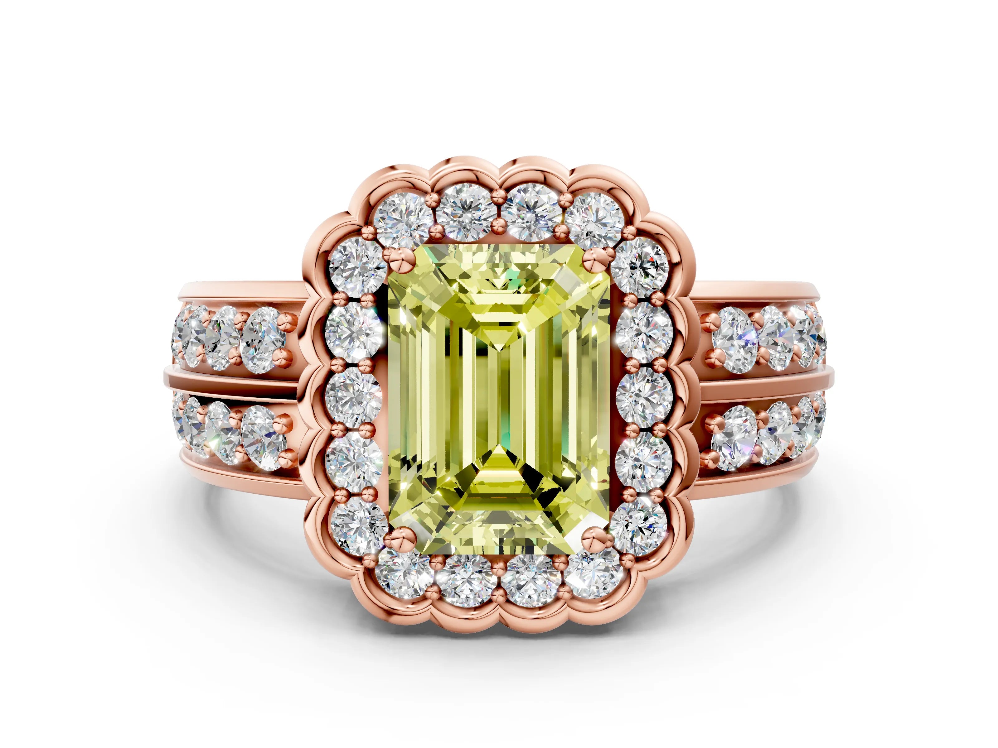 Rose gold Fancy Yellow Emerald Cut Halo Diamond Split Shank Ring with Scalloped Prong Setting