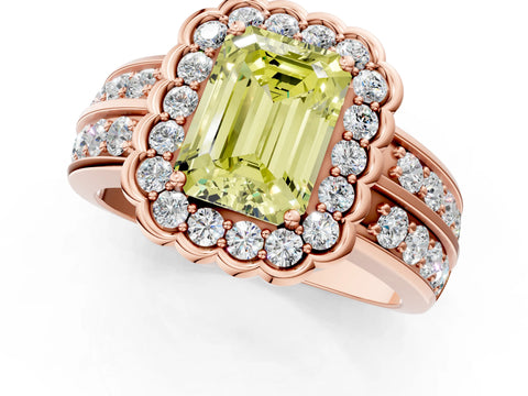 Rose gold Fancy Yellow Emerald Cut Halo Diamond Split Shank Ring with Scalloped Prong Setting_1