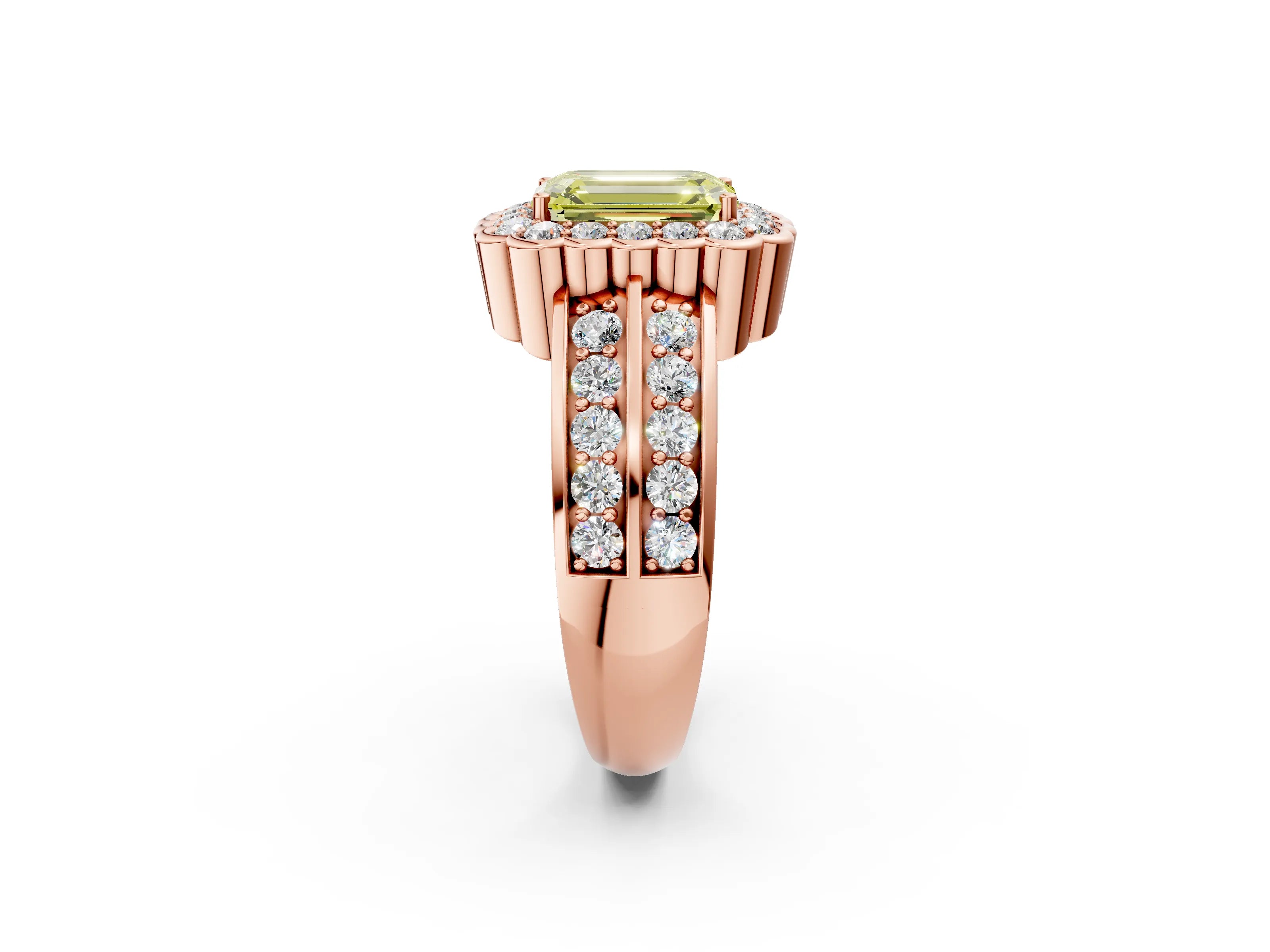 Rose gold Fancy Yellow Emerald Cut Halo Diamond Split Shank Ring with Scalloped Prong Setting_2