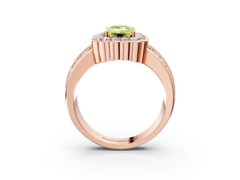 Rose gold Fancy Yellow Emerald Cut Halo Diamond Split Shank Ring with Scalloped Prong Setting_3