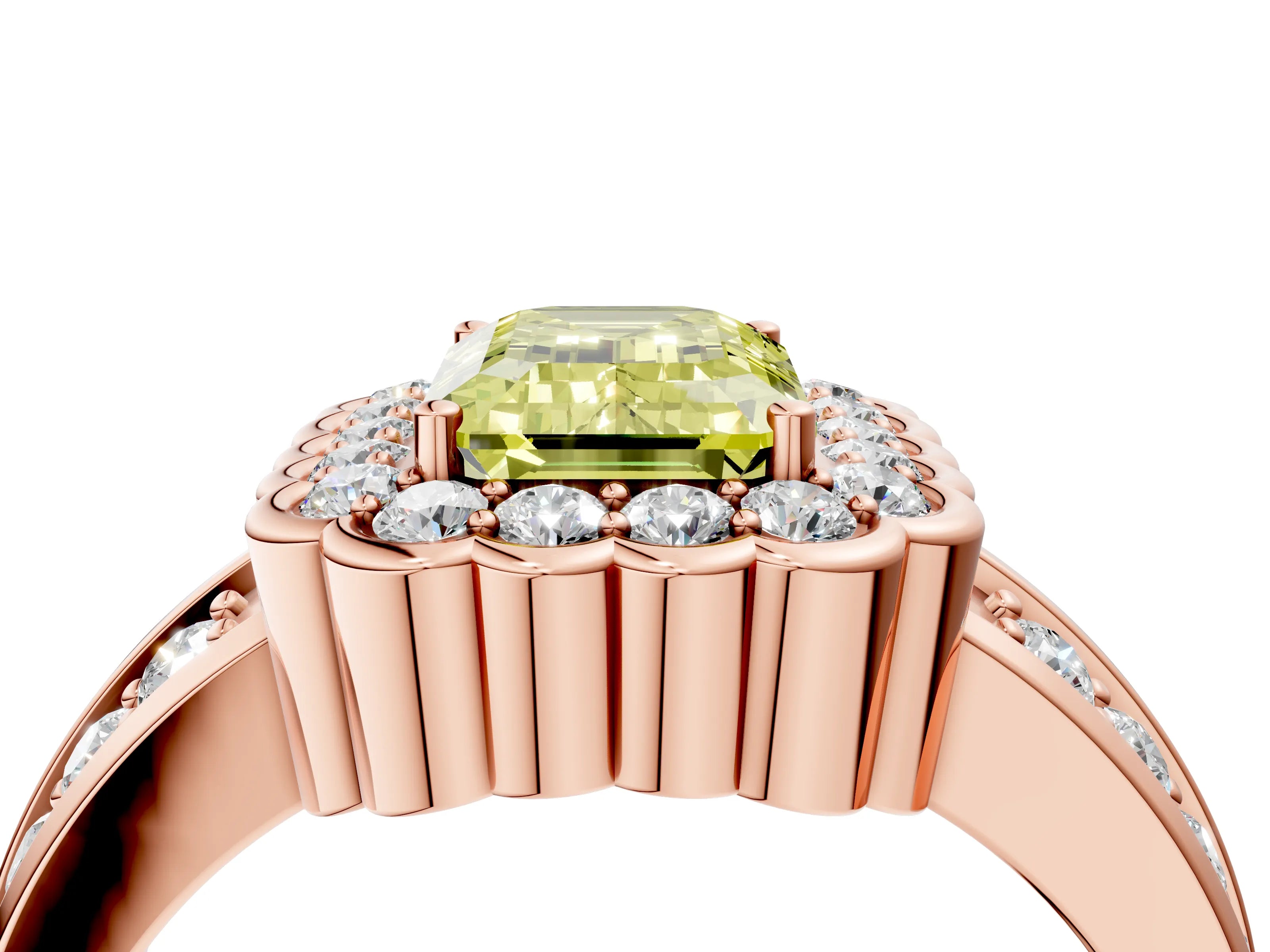 Rose gold Fancy Yellow Emerald Cut Halo Diamond Split Shank Ring with Scalloped Prong Setting_4