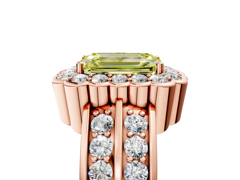 Rose gold Fancy Yellow Emerald Cut Halo Diamond Split Shank Ring with Scalloped Prong Setting_5