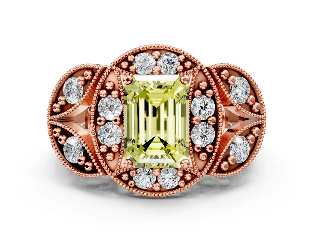 Rose gold Fancy Yellow Emerald Cut Halo Milgrain Diamond Engagement Ring with Leaf Band and Four-Prong Setting