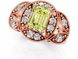 Rose gold Fancy Yellow Emerald Cut Halo Milgrain Diamond Engagement Ring with Leaf Band and Four-Prong Setting_1