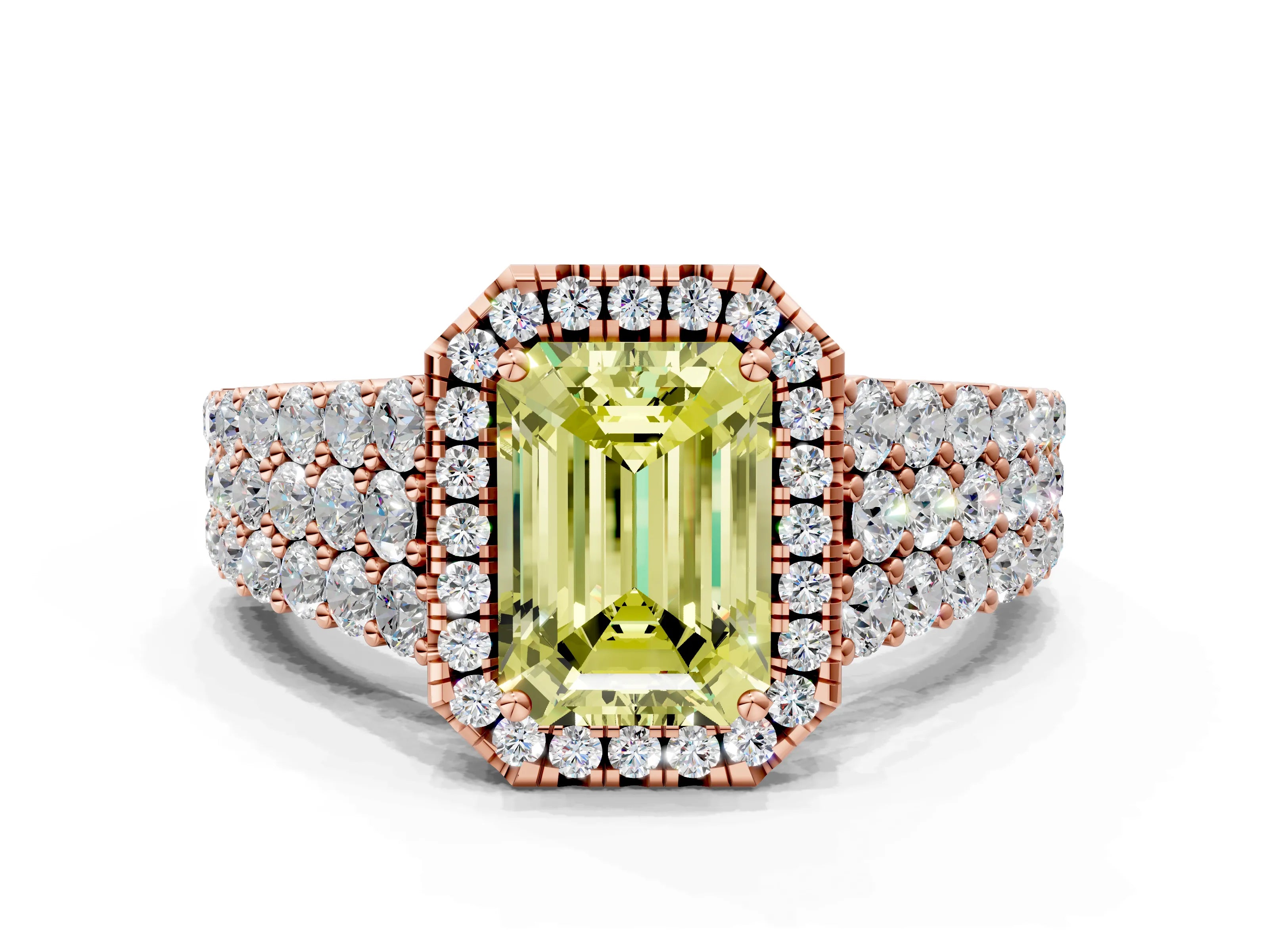 Rose gold Fancy Yellow Emerald Cut Halo Pavé Diamond Engagement Ring with Split Shank and Four-Prong Setting_3