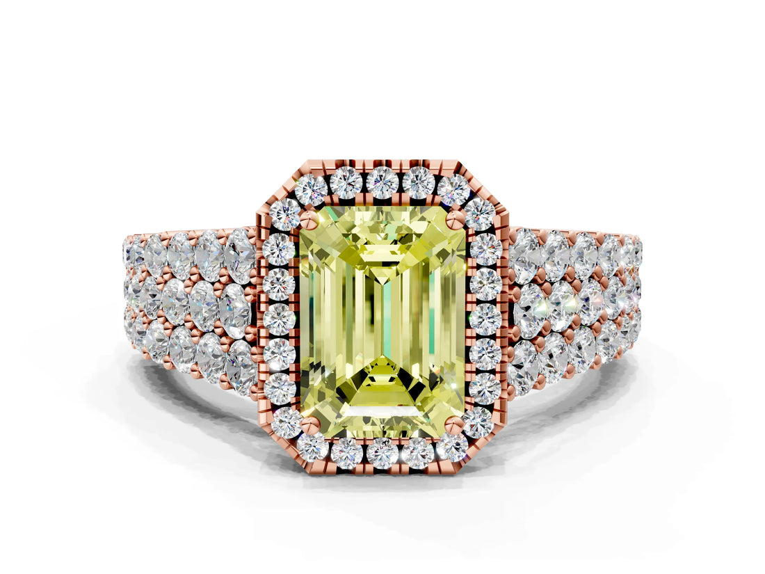 Rose gold Fancy Yellow Emerald Cut Halo Pavé Diamond Engagement Ring with Split Shank and Four-Prong Setting_3