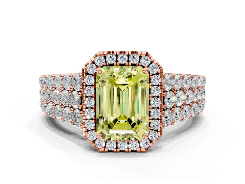 Rose gold Fancy Yellow Emerald Cut Halo Pavé Diamond Engagement Ring with Split Shank and Four-Prong Setting_3