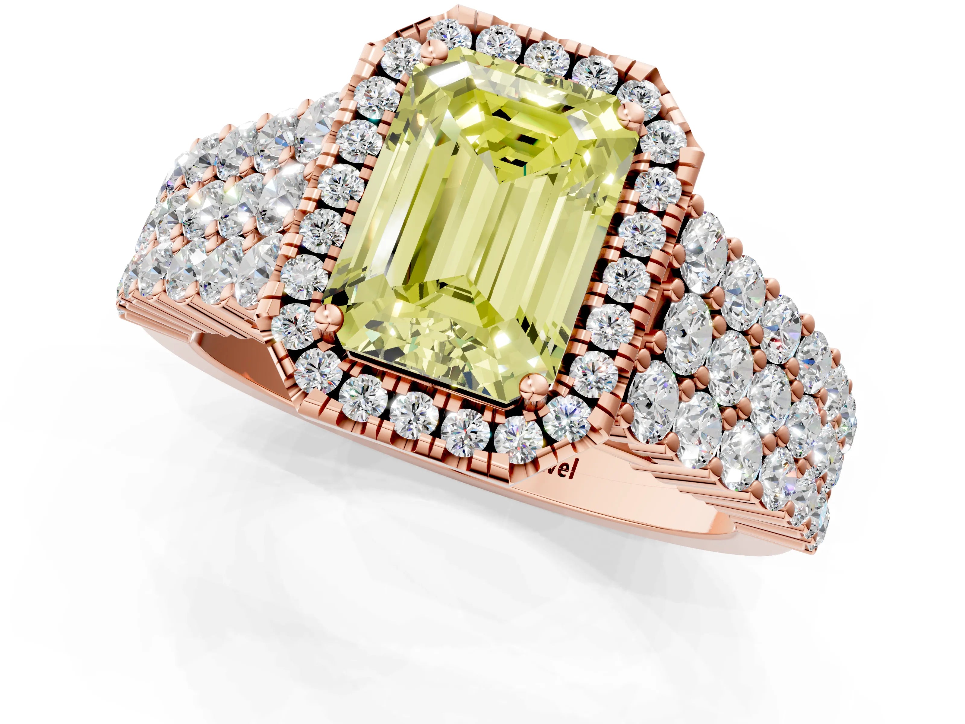 Rose gold Fancy Yellow Emerald Cut Halo Pavé Diamond Engagement Ring with Split Shank and Four-Prong Setting_4